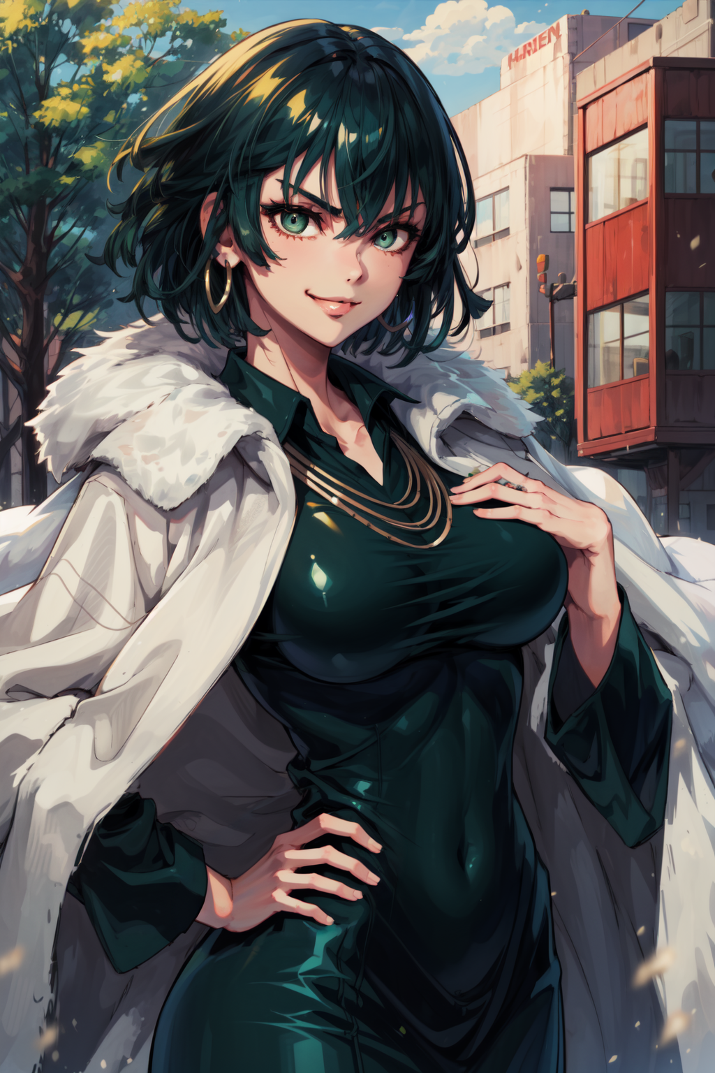 masterpiece,best quality,1girl,mature female,fubuki,green eyes,green hair,taut clothes,fur coat,jewelry,necklace,smirk,han...